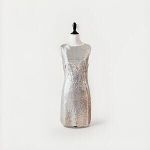 Cache Vintage Y2K Silver Sequin Mini Dress Mod Sheath Made in USA XS/S